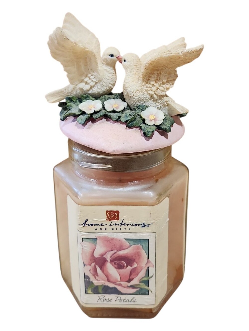Vintage Home Interiors Retired Scent Candle Rose Petals White Doves Jar Topper